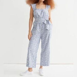 H&M Floral Square-Neck Tie Belt Jumpsuit Linen Blend Sz XL Spring Summer Casual